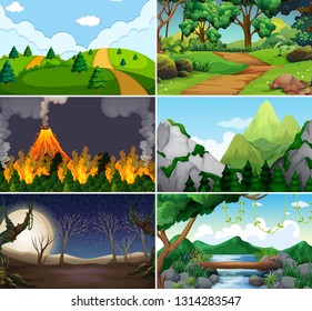 Conjunto de ilustraciones de escenas de naturaleza diferentes