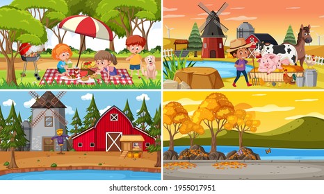 Set of different nature scenes background in cartoon style illustration