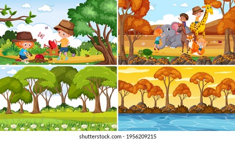 Set of different nature scenes background with many people illustration