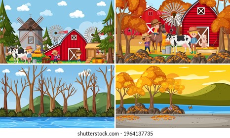 Set of different nature scenes background with people illustration