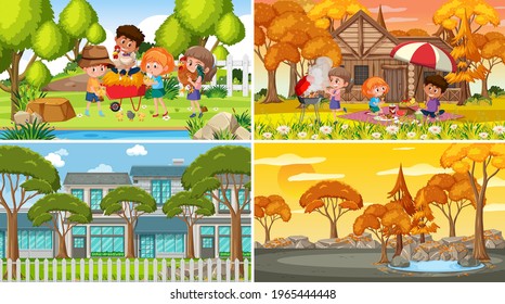 Set of different nature scenes background with people illustration