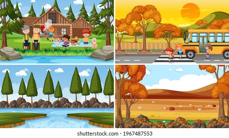 Set of different nature scenes, background with people illustrations