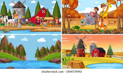 Set of different nature scenes background in cartoon style illustration
