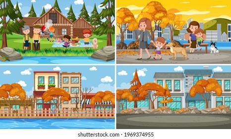 Conjunto de escenas de naturaleza diferentes en segundo plano con ilustración de personas