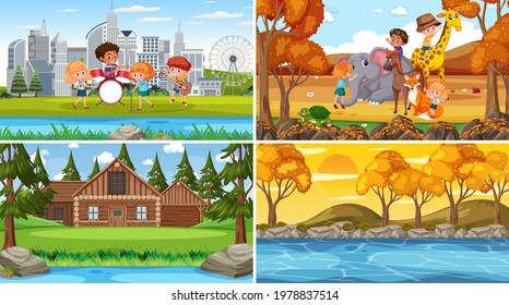 Set of different nature scenes background with people illustration