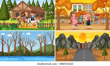 Conjunto de escenas de la naturaleza diferentes en segundo plano con la ilustración de muchas personas