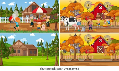Set of different nature scenes background in cartoon style illustration