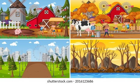 Set of different nature scenes background in cartoon style illustration