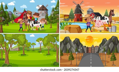 Set of different nature scenes background with many people illustration