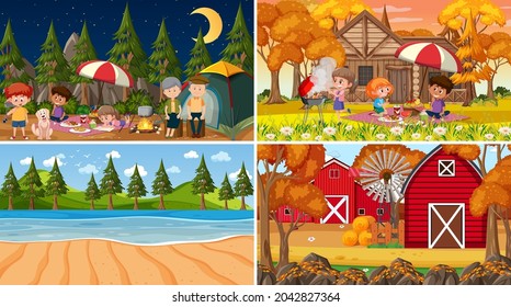 Set of different nature scenes background with people illustration