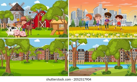 Set of different nature scenes background with people illustration