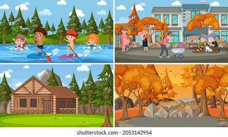 Set of different nature scenes background in cartoon style illustration