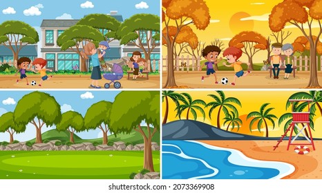 Set of different nature scenes background with people illustration