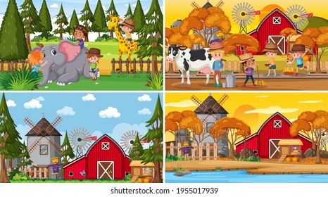 Conjunto de diferentes escenas de la naturaleza ilustración estilo caricatura