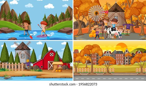 Set of different nature scenes cartoon style illustration