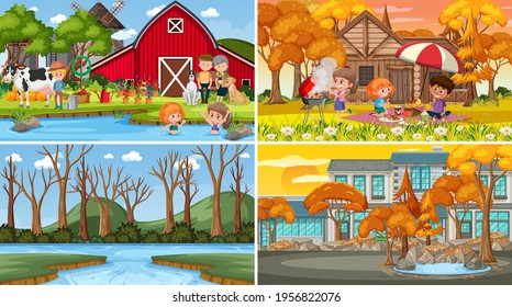 Set of different nature scenes cartoon style illustration