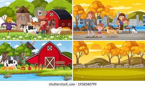 Conjunto de diferentes escenas de la naturaleza ilustración estilo caricatura