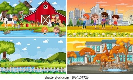 Conjunto de diferentes escenas de la naturaleza ilustración estilo caricatura