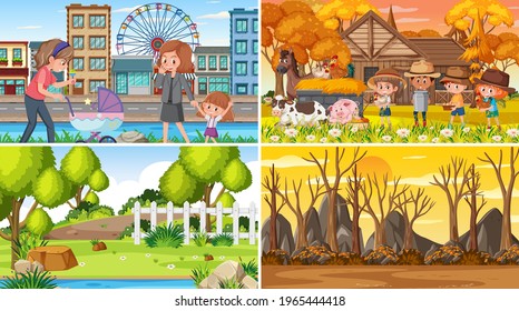 Set of different nature scenes cartoon style illustration