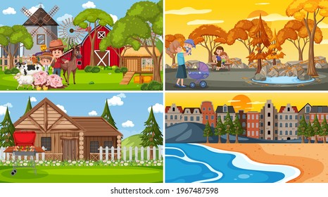 Set of different nature scenes cartoon style illustration