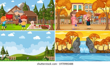 Set of different nature scenes cartoon style illustration