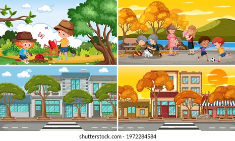 Set of different nature scenes cartoon style illustration