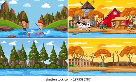 Set of different nature scenes cartoon style illustration
