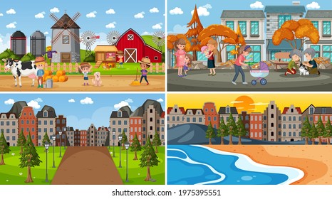 Set of different nature scenes cartoon style illustration