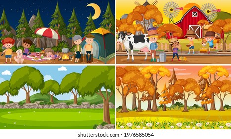 Set of different nature scenes cartoon style illustration