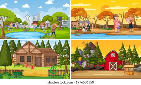 Set of different nature scenes cartoon style illustration