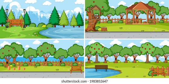 Set of different nature scenes cartoon style illustration