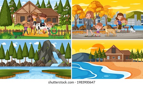 Set of different nature scenes cartoon style illustration