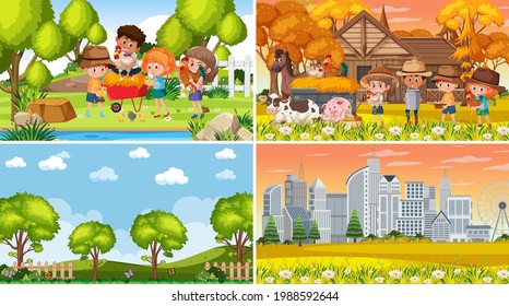 Set of different nature scenes cartoon style illustration