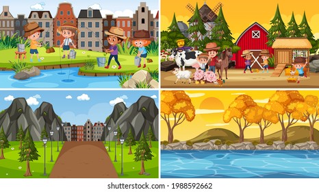 Set of different nature scenes cartoon style illustration