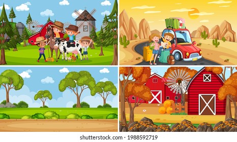 Set of different nature scenes cartoon style illustration