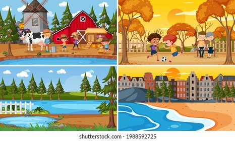 Set of different nature scenes cartoon style illustration