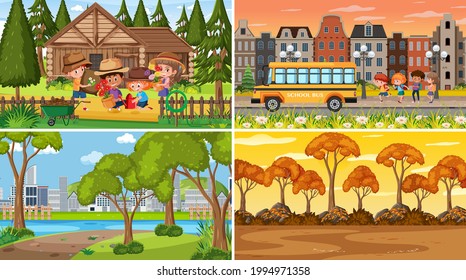 Set of different nature scenes cartoon style illustration
