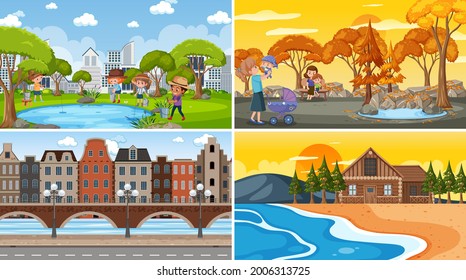Set of different nature scenes cartoon style illustration