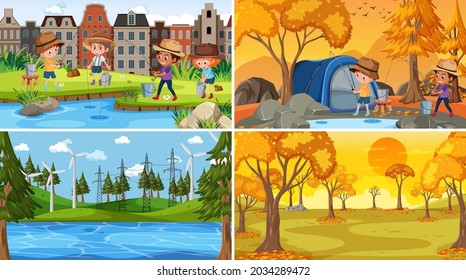 Set of different nature scenes cartoon style illustration