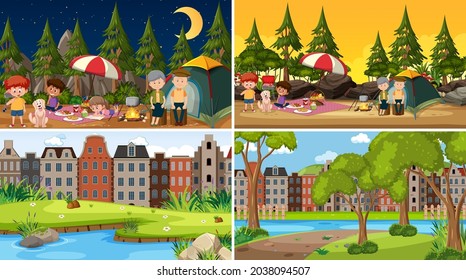 Set of different nature scenes cartoon style illustration