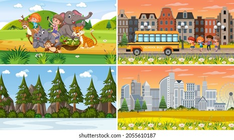 Set of different nature scenes cartoon style illustration