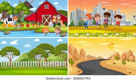Set of different nature scenes cartoon style illustration