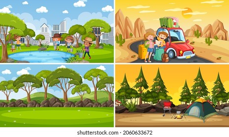 Set of different nature scenes cartoon style illustration