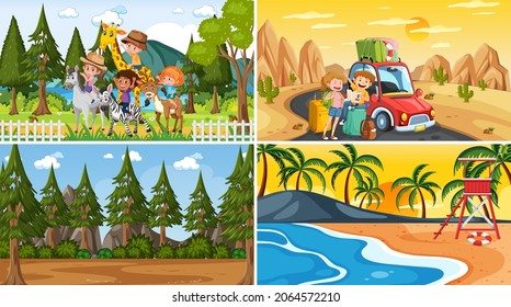 Set of different nature scenes cartoon style illustration
