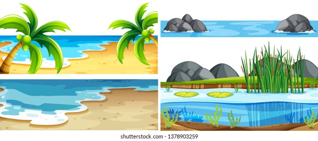 Set of different nature scenes illustration