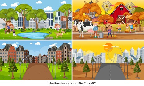 Set of different nature scenes, illustration backgrounds in cartoon style