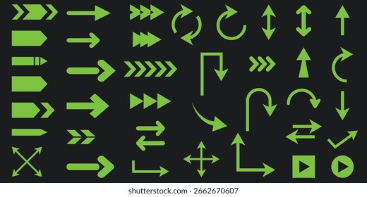 Set of different neon green arrows. Icon pointer, arrow, direction, button, move, angle, circle, rotate icon. Variation arrow symbol isolated on white background