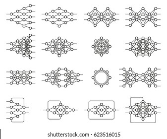 Set of different neural nets. Neuron network. Deep learning. Cognitive technology concept. Vector illustration