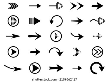 Set of different new style black arrows for web design. Directional arrow flat style isolated on white background. Cursor. Vector illustration.