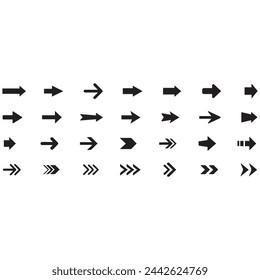 Conjunto de flechas negras de nuevo estilo diferentes. Flechas direccionales estilo plano aislado sobre fondo blanco. ilustración vectorial plana. Conjunto de flechas vectoriales. Flechas vector negro sobre fondo blanco. 